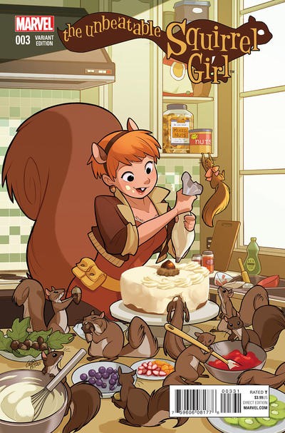 Variant cover of The Unbeatable Squirrel Girl #3 featuring Squirrel Girl decorating a cake surrounded by squirrel assistants in her kitchen